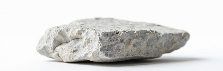 Obraz premium Grey sedimentary rock isolated on white background. Limestone calcium carbonate stone block mineral, natural geology. Greyish neutral color rock for construction, design, decoration.