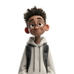 Young boy with glasses and backpack isolated on transparent background