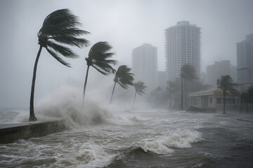 A dramatic hurricane storm surge flooding a coastal city with skyscrapers in the background, as palm trees bend under fierce winds and waves crash over the seawall.