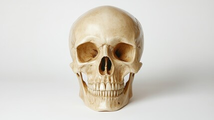 A human skull is shown facing forward against a plain white background, highlighting its detailed bone structure and teeth.