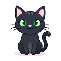 Cute black cat with green eyes sitting on white background  