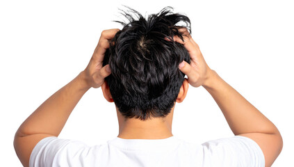 Fototapeta premium back shot of young man with headache and messy hair holding his head isolated on white background