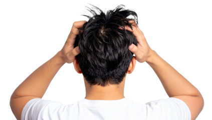 back shot of young man with headache and messy hair holding his head isolated on white background