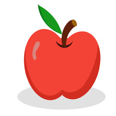 Vector illustration of a red apple with a green leaf and brown stem on a white background. Simple flat design suitable for food, fruit, health, and nutrition concepts.