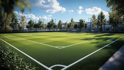 Fototapeta premium A well-maintained soccer field with bright green grass, clear white markings, surrounded by trees and buildings under a bright blue sky with clouds.