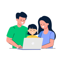 Simple Vector Illustration Of Family Using A Laptop