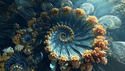 Oceanic realm spiraling around aquatic time vortex with glass submarines and coral clocks