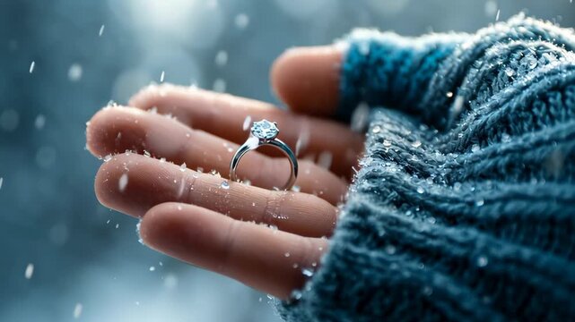 Romantic winter proposal with a sparkling ring in a snowy setting captured in a cozy atmosphere
