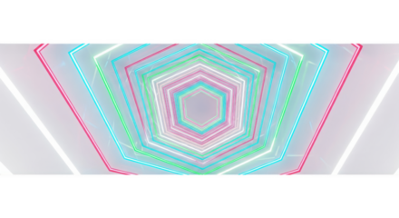Illuminated Hexagonal Tunnel with Vibrant Pink, Cyan, and Lime Green Light