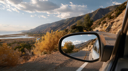 road, mirror, car, travel, sky, landscape, highway, view, driving, mountain, reflection, speed, drive, nature, asphalt, clouds, rear, motion, rural, countryside, journey, traffic, rearview, trip, gree