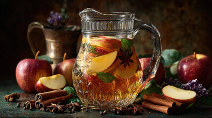 Glass pitcher filled with apple cider, garnished with apple slices, cinnamon sticks, and star anise, surrounded by fresh apples and spices
