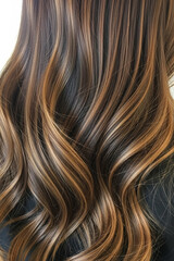 Naklejka premium Luxurious waves of brown hair elegantly cascade, enhanced by a rich blend of shimmering blonde highlights, creating a captivating and healthy appearance.
