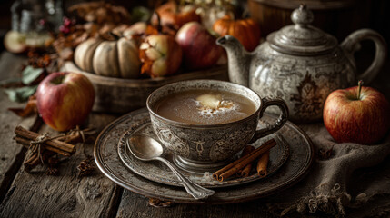 Fototapeta premium Vintage teacup filled with apple cider sits on rustic table, surrounded by apples, pumpkins, and cinnamon sticks, evoking cozy autumn atmosphere
