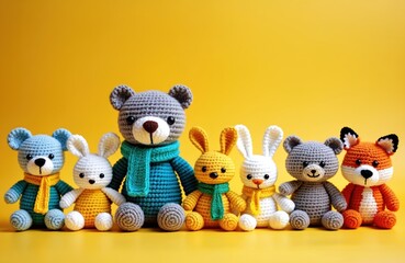 Collection of colorful handmade crochet toys including bears, bunnies, foxes with scarves on bright yellow background. Adorable amigurumi characters perfect for whimsical children designs, nursery