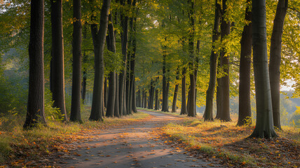 Fototapeta premium Autumnal Avenue of Trees Capturing Golden Light Serene Forest Path with Fallen Leaves and Natural Beauty Landscape