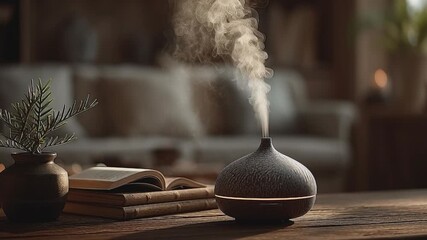 Aroma Diffuser in the Home: A stylish aroma diffuser releases a delicate vapor amidst a cozy living space, accented by books and a small potted plant.