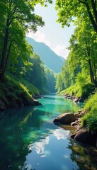 Fototapeta premium Serene low-lying river section meanders through lush green landscape, sunlight dappling the calm waters Perfect for nature, travel, and environmental themes , waterway, fauna, quiet