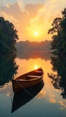 Fototapeta premium Serene sunrise over calm lake water with a small wooden rowboat gently bobbing on the surface, reflecting the golden light Peaceful nature scene , wildlife, environment, lake
