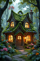 Fairy tale scene featuring a stoned pathway toward a whimsical forest cottage with  moss-covered roof and illuminated by glow golden lighting inside, surrounded by lush greenery and foliage 