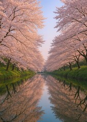 Serene cherry blossom river reflection.