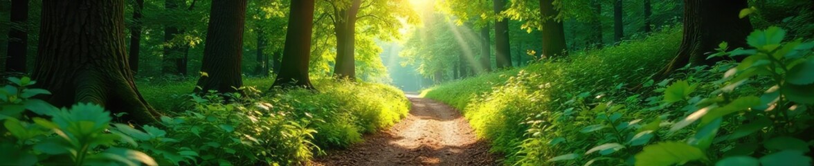 Obraz premium Sunlight dapples the forest floor as a trail winds through lush green foliage, dappled sunlight illuminating the path ahead Perfect for adventure, nature, and travel themes , hiking, outdoor