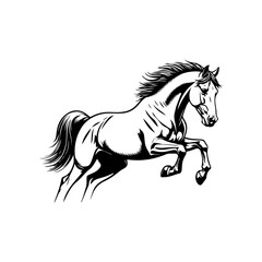 Black and white illustration of a running horse. Monochrome image of a horse. Design element for logo, sign, poster, emblem. Vector illustration