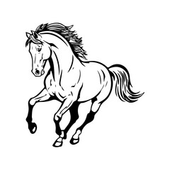 Black and white illustration of a running horse. Monochrome image of a horse. Design element for logo, sign, poster, emblem. Vector illustration