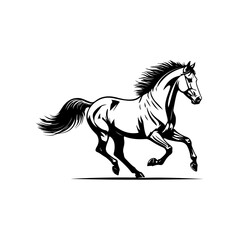 Black and white illustration of a running horse. Monochrome image of a horse. Design element for logo, sign, poster, emblem. Vector illustration