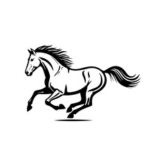 Black and white illustration of a running horse. Monochrome image of a horse. Design element for logo, sign, poster, emblem. Vector illustration