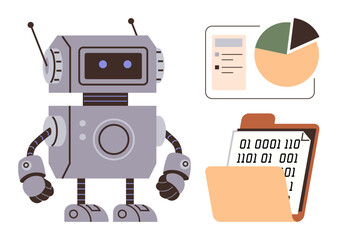 Robot examining binary code in folder alongside checklist and pie chart. Ideal for AI, automation, robotics, data analysis, technology, innovation, education. Simple flat metaphor
