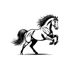 Black and white illustration of a running horse. Monochrome image of a horse. Design element for logo, sign, poster, emblem. Vector illustration