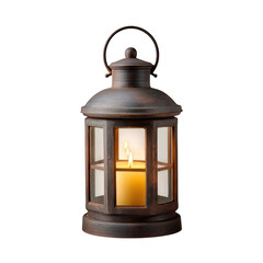 Rustic metal lantern with glowing candle and flickering flames isolated on transparent background