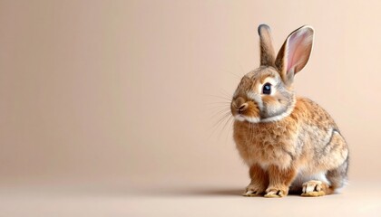 Obraz premium Adorable rabbit sitting on beige background animal photography studio environment close-up perspective pet concept for animal lovers