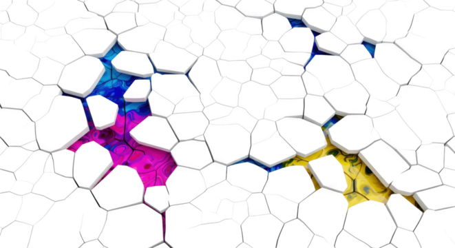 Fractured surface revealing vibrant abstract depths, a juxtaposition of structure and fluidity