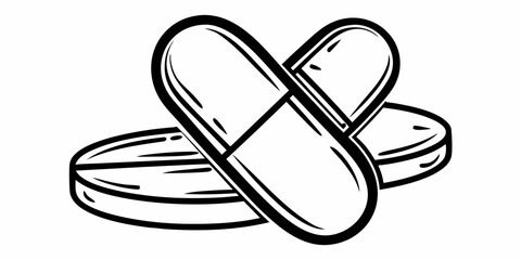 Illustration of two pills and one tablet in black and white medical treatment and health concept