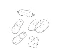 Travel sleeping accessories set for resting with sleep mask for eyes, sheet, slippers, neck pillow drawn in graphic style on white background