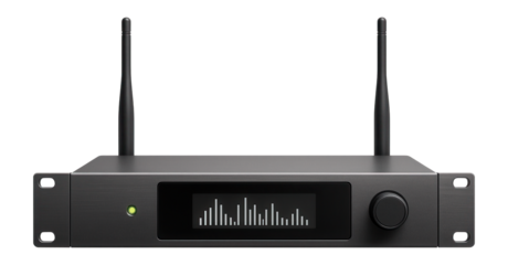 Rack-mounted receiver unit with dual antennas and LCD frequency display