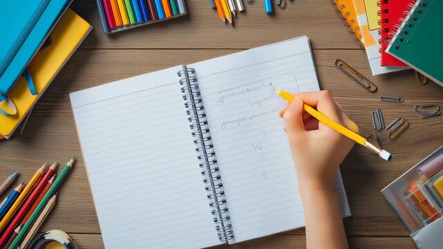 Hand holding a pencil over an open spiral notebook surrounded by colorful school supplies on a wooden desk.