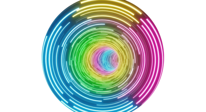 Vibrant rainbow vortex background with glowing light trails on black