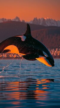 Vertical video orca whale breaching at sunset with a fiery orange glow
