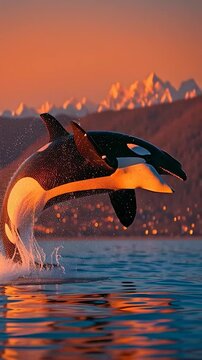 Vertical video orca whale breaching at sunset with a fiery orange glow