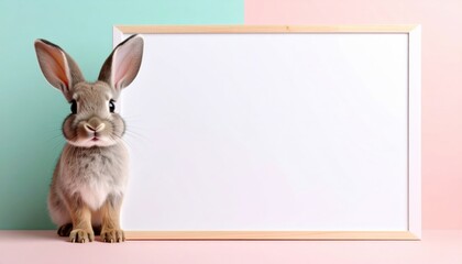 Obraz premium Playful rabbit pose against a pastel background whimsical photo display indoor setting close-up perspective cute animal concept