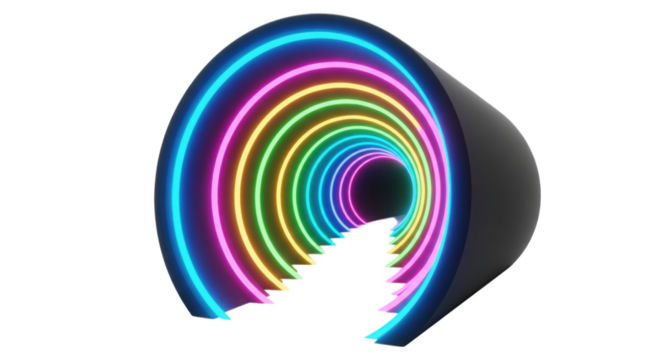 Vibrant multi-colored neon tunnel on a black background for digital design