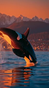 Vertical video orca whale breaching at sunset with a fiery orange glow
