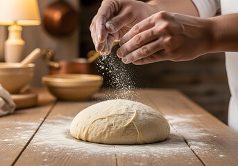 Hands sprinkling flour over a fresh dough ball on a rustic wooden table, preparing to bake.