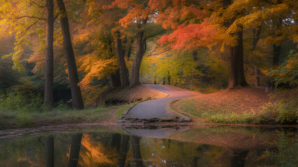 Winding Autumn Road Reflecting in a Calm Pond with Vibrant Trees and Golden Light Creating a Serene Forest Landscape