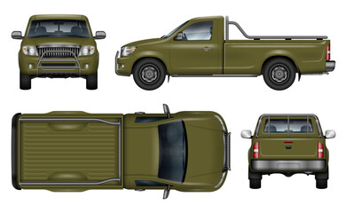 Green pickup truck vector mockup, view from side, front, back, and top. All elements in the groups on separate layers for easy editing and recolor © Yuri Schmidt