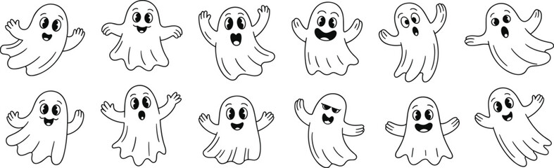 Cartoon ghost character collection, twelve playful spooky figures with varied expressions and poses, black outline vector illustration for halloween, holiday, decoration