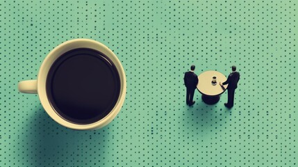 Surreal Retro Business Collage shows tiny Executives with Coffee on Mint Dotted Background, symbolizing Leadership, Scale, Imagination, and Humor.