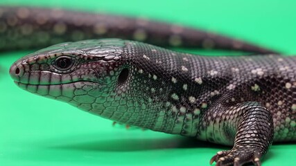 Close-up of a Dark Skink Lizard with White Spots on a Vibrant Green Background, Detailed Reptile Portrait in Studio